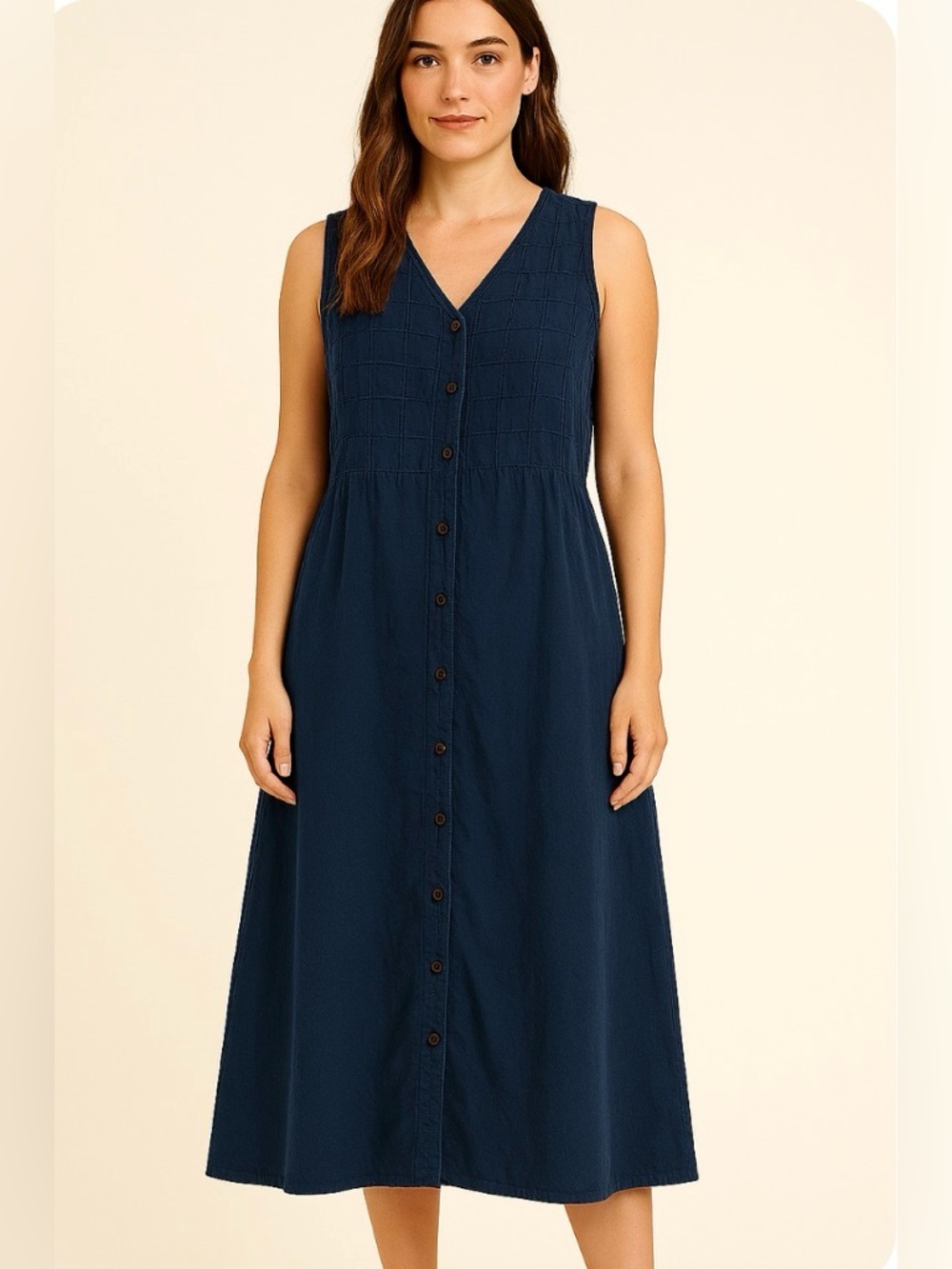 Kiko Sleeveless Linen Button‑Front Dress | Relaxed Fit | Textured Bodice  | L
